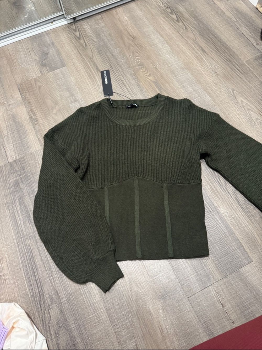 Fashion Nova Olive Green Ribbed Crewneck Sweater